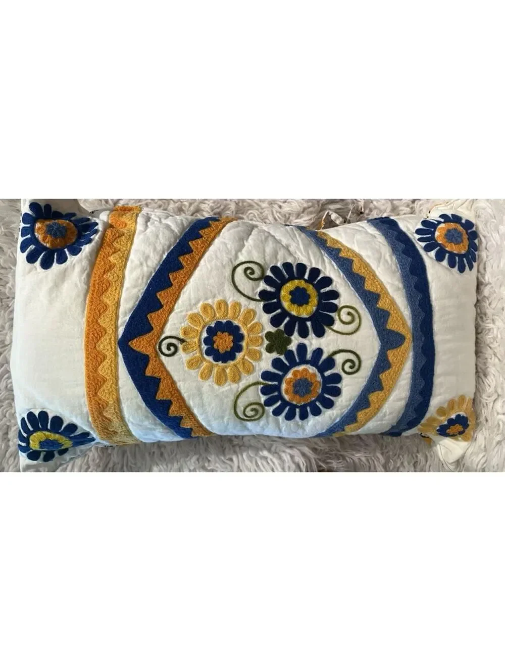 24x15” Rectangle Quilted Flowers White Orange Blue Country Cottagecore Handmade